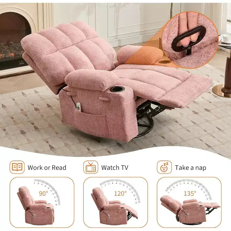 Übergroßer Relaxsessel für Erwachsene, Manueller Dreh-Schaukelsofa, Seitentaschen & Getränkehalter für Große und Schwergewichtige, Wohnzimmer