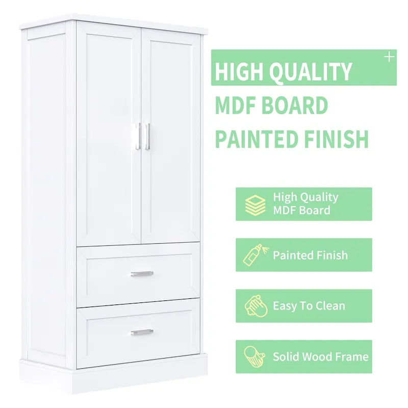 Hoher Badezimmerschrank, Schrank mit zwei Türen und Schubladen, verstellbarem Regal, MDF-Platte