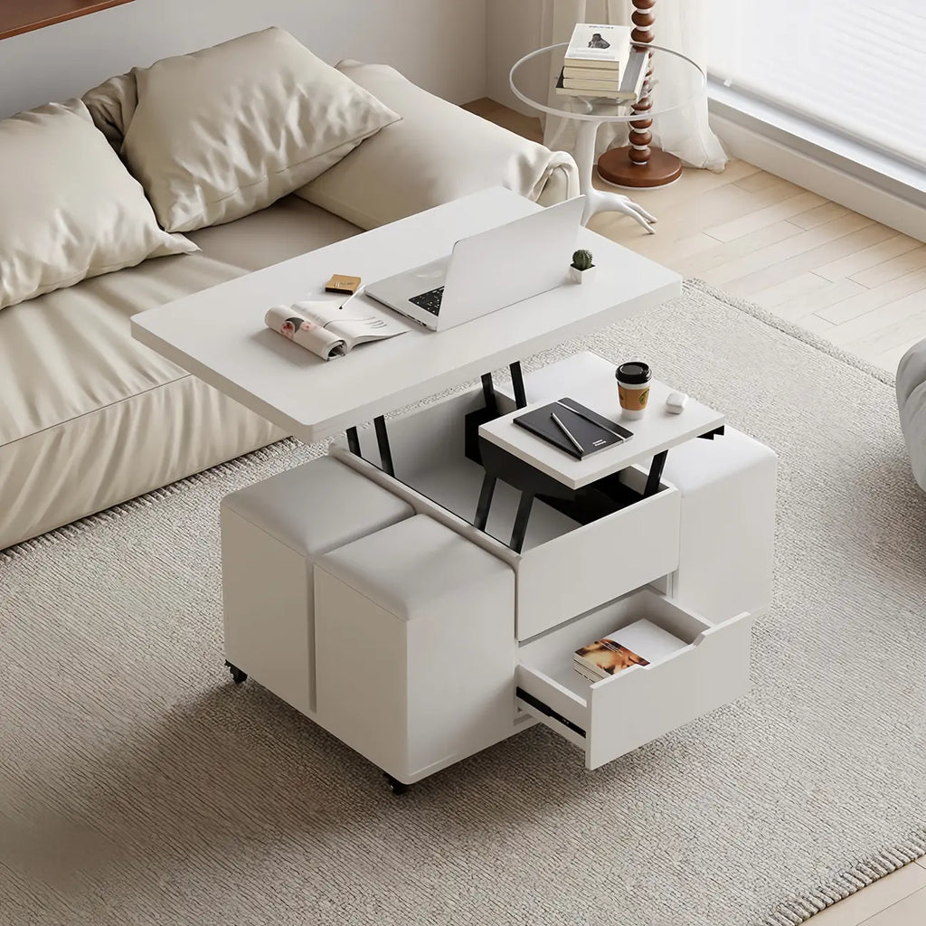Klappbarer Couchtisch mit Liftfunktion, 4 Hockern und Stauraum