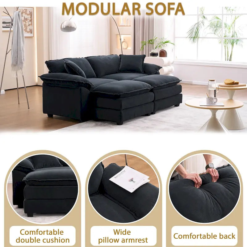 2-Sitzer-Sofa mit 2 Kissen, 2 Polstern und 2 Hockern, bequemes Sofa – Tiefes Wohnzimmersofa, Modulsofa