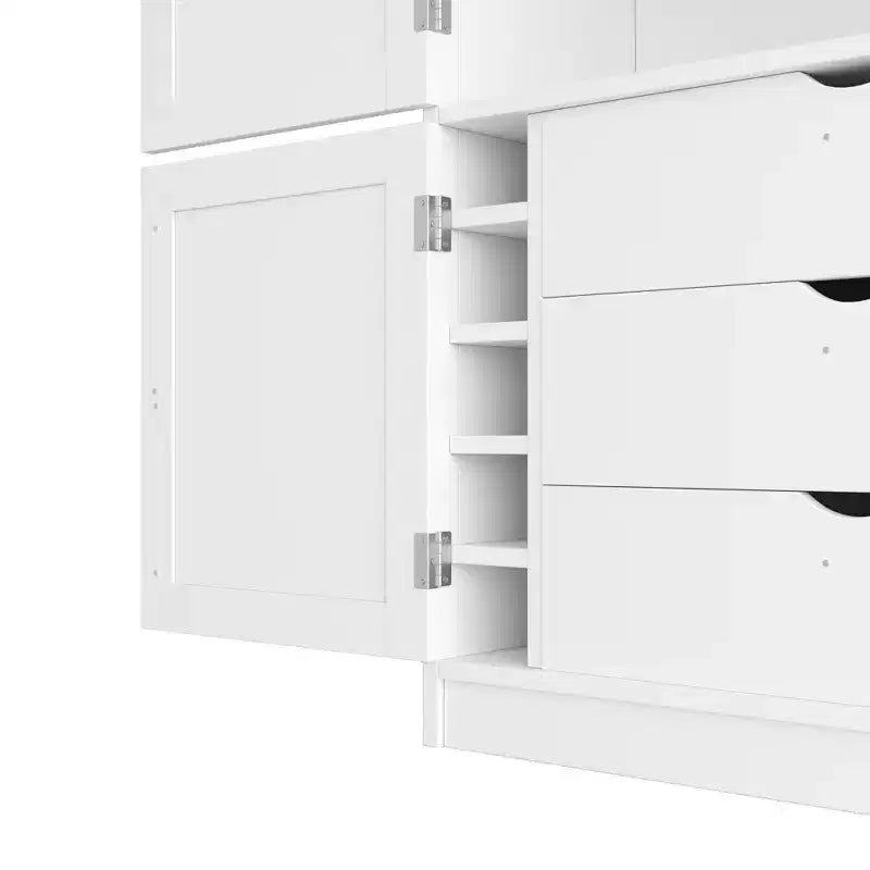 Hoher Küchenschrank mit Steckdosen, großer freistehender Schrank mit Mikrowellenständer, Schubladen, Regalen, Weinregalen und Türregal