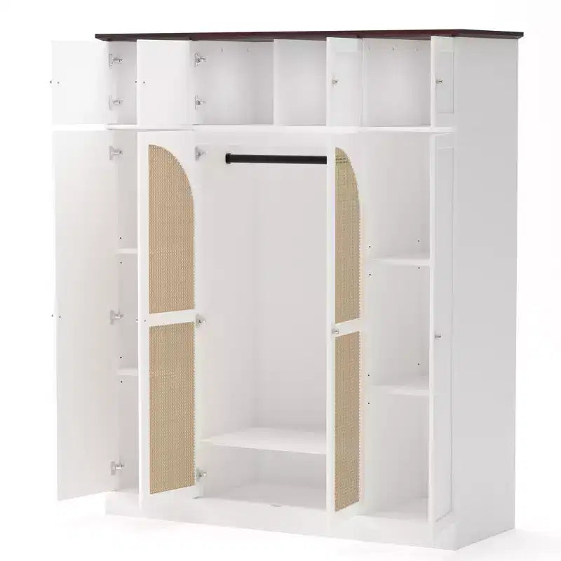 70.87Tall 8-türiger Kleiderschrank mit großer Kapazität, Kleiderstange, verstellbaren Regalböden und Rattantüren