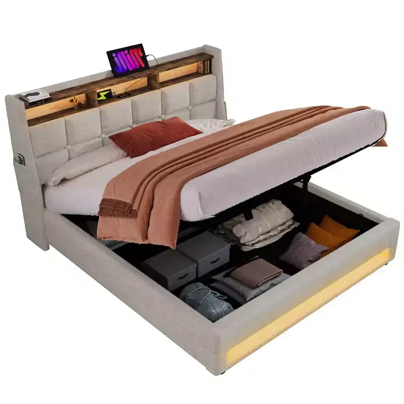 Queensize-Bett mit hydraulischem Stauraum, LED, USB, gepolstertem Kopfteil, kein Boxspringbett, einfache Montage