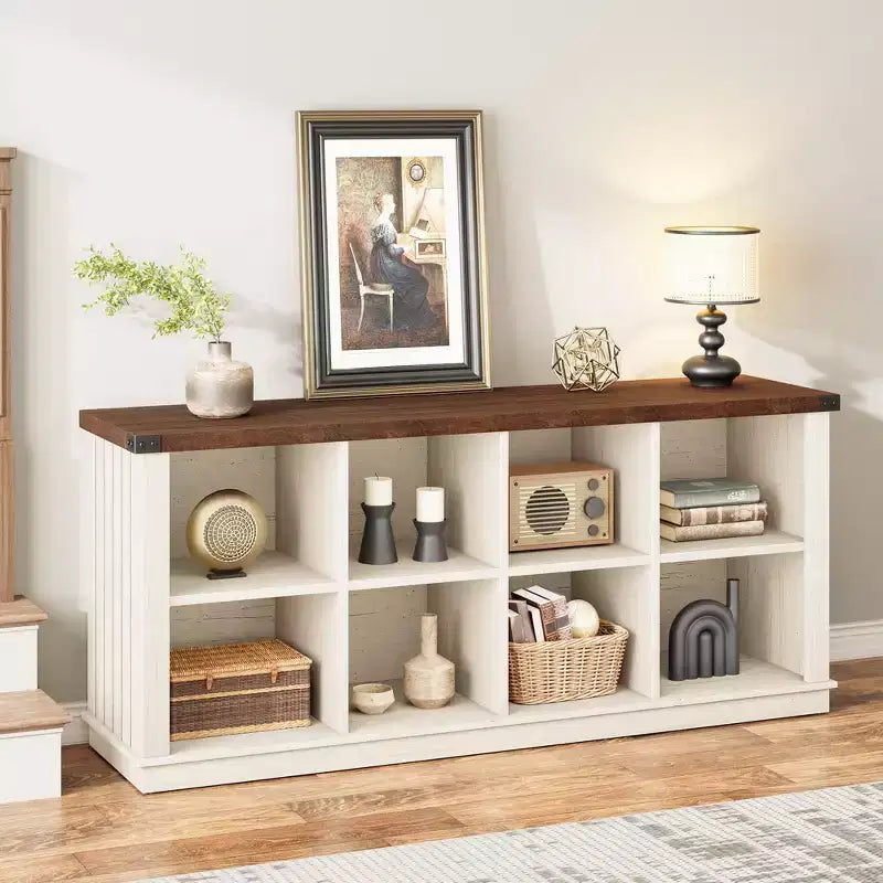 8 Würfelregal, Bücherregal im Landhausstil, 157,5 cm langes Holzregal für den Eingangsbereich, langes, niedriges Bücherregal für das Wohnzimmer