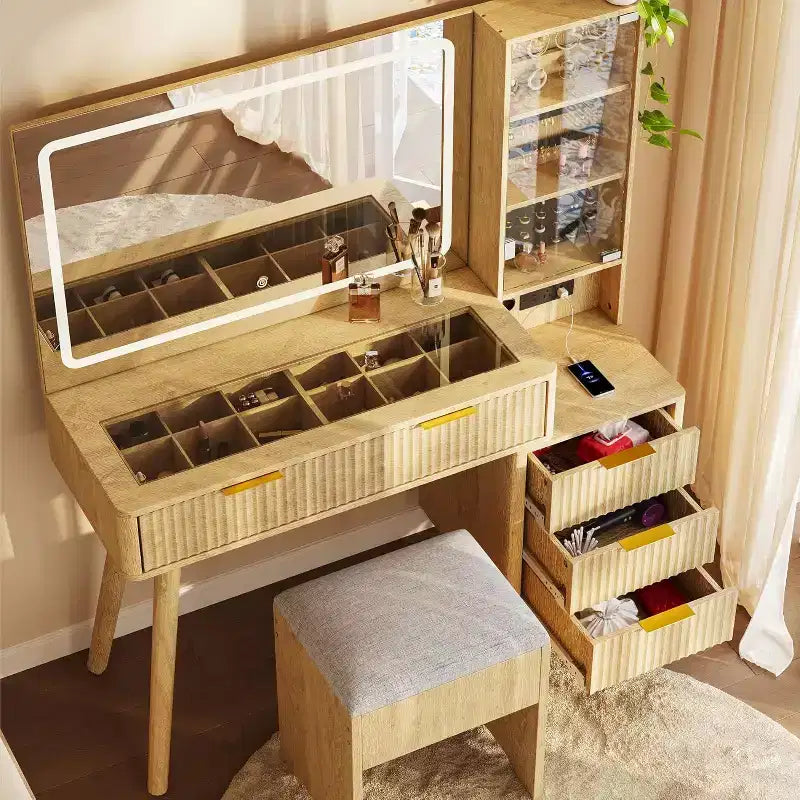 48" Schminktisch mit geriffelter Optik, großem Spiegel und Lichtern, moderner Schminktisch mit Ladestation und gepolstertem Aufbewahrungshocker für Zuhause