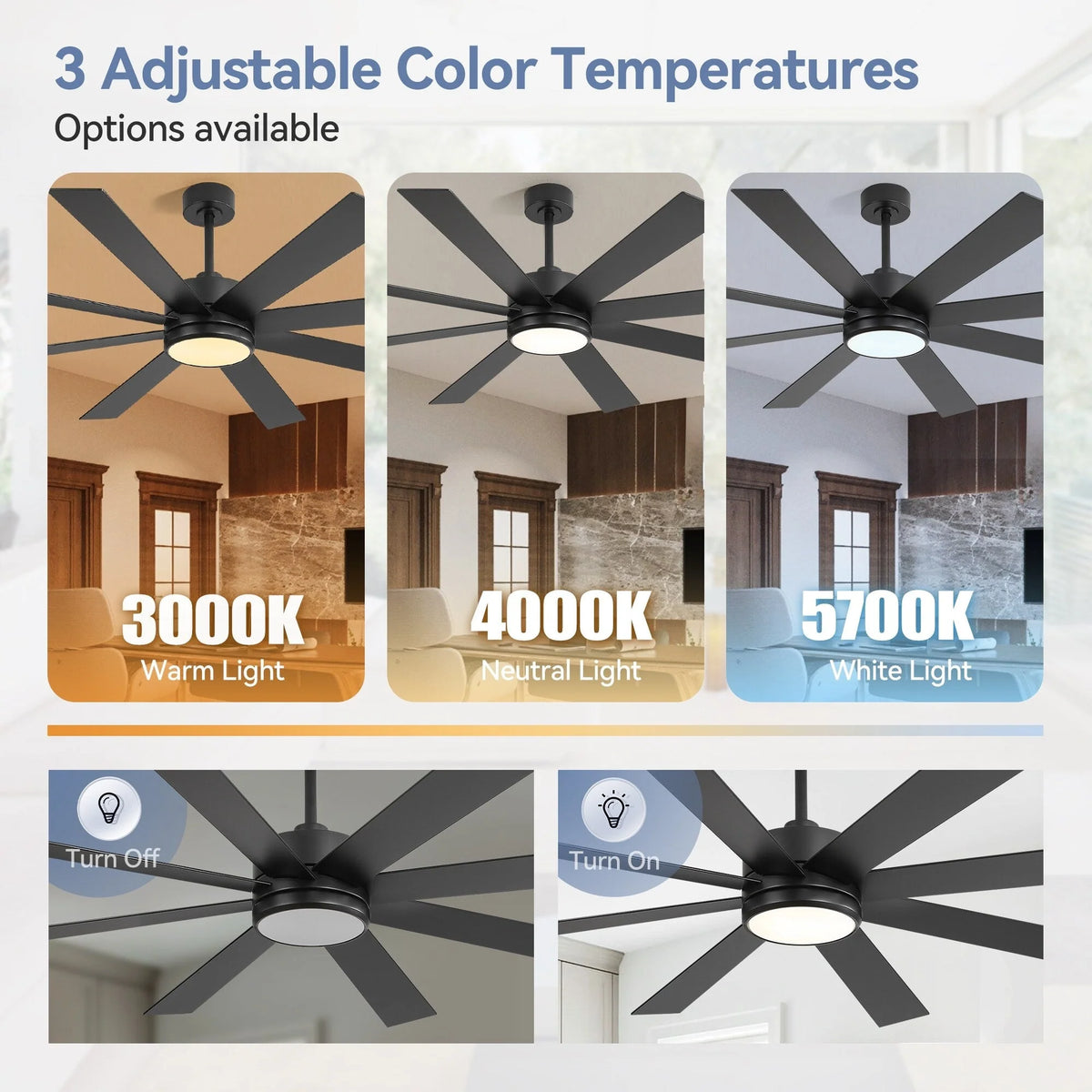 65-Zoll-LED-Deckenventilator mit 8 Flügeln, Licht und Fernbedienung, Schwarz
