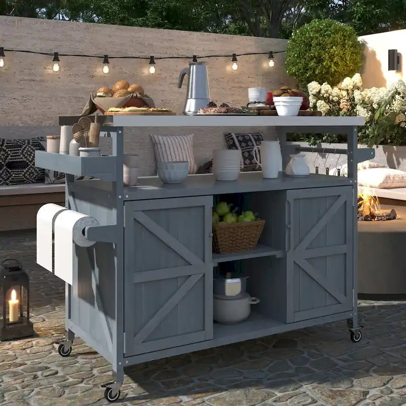 Outdoor-Kücheninsel, rollbarer Barwagen und Aufbewahrungsschrank, Massivholz-Grilltisch mit Edelstahlplatte, Gewürzregal, Handtuchhalter