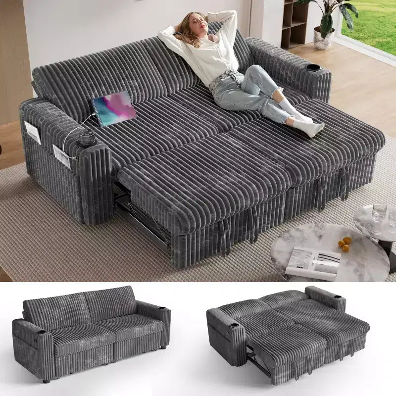 Dyonery 91 Sektional Schlafsofa mit Ausziehbett, verstellbarer Rückenlehne/zwei Ausziehbetten/USB-Anschlüssen/Getränkehaltern, Plüsch-Kordbezug