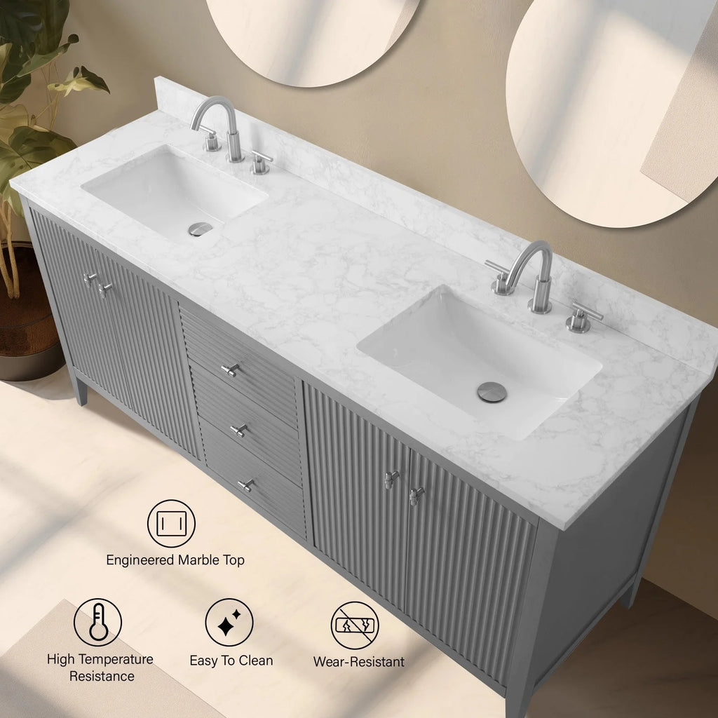 Vanity Art 72 Zoll Badezimmer-Waschtischunterschrank mit Doppelwaschbecken und Kunstmarmorplatte