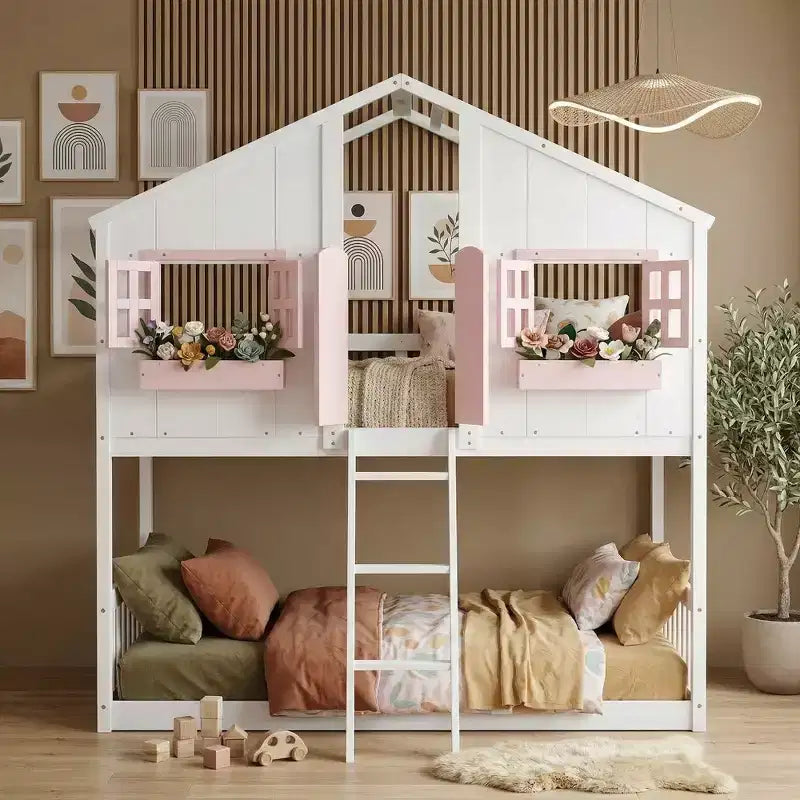 Doppel-Loftbett in Hausform, Holzspielhaus-Loftbett mit Leiter und Schutzgittern für Kinder