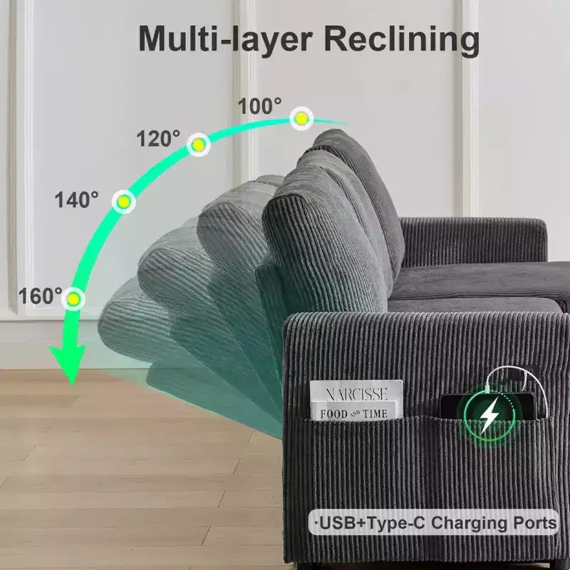 Dyonery 2-in-1 Schlafsofa ausziehbar mit Stauraum-Recamiere, Cord-Ecksofa mit USB-Anschlüssen für das Wohnzimmer