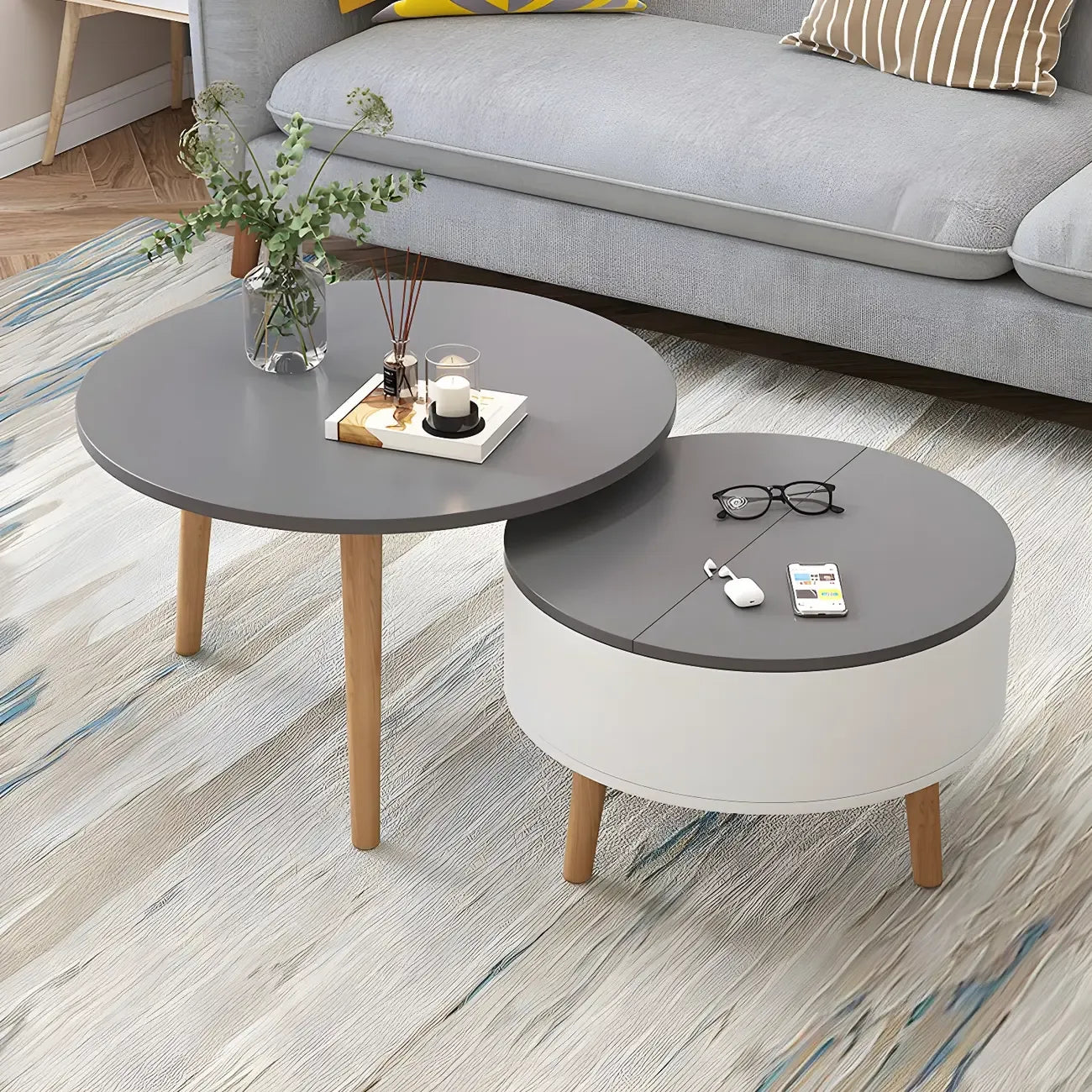 Schwarz Weiß Moderner Runder Couchtisch aus Holz mit Stauraum