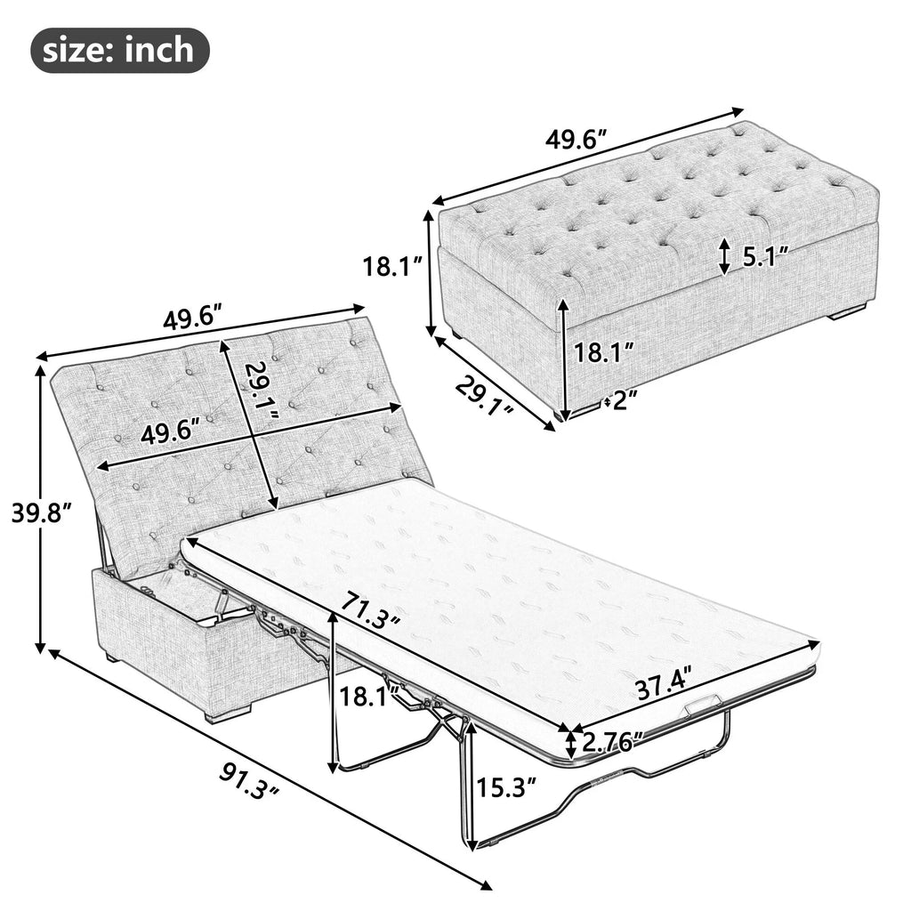 Klappsofa, 126 cm breiter Ottoman mit Klappsofa, wandelbarer Ottoman-Schlafsessel mit Memory-Matratze und getuftetem Design
