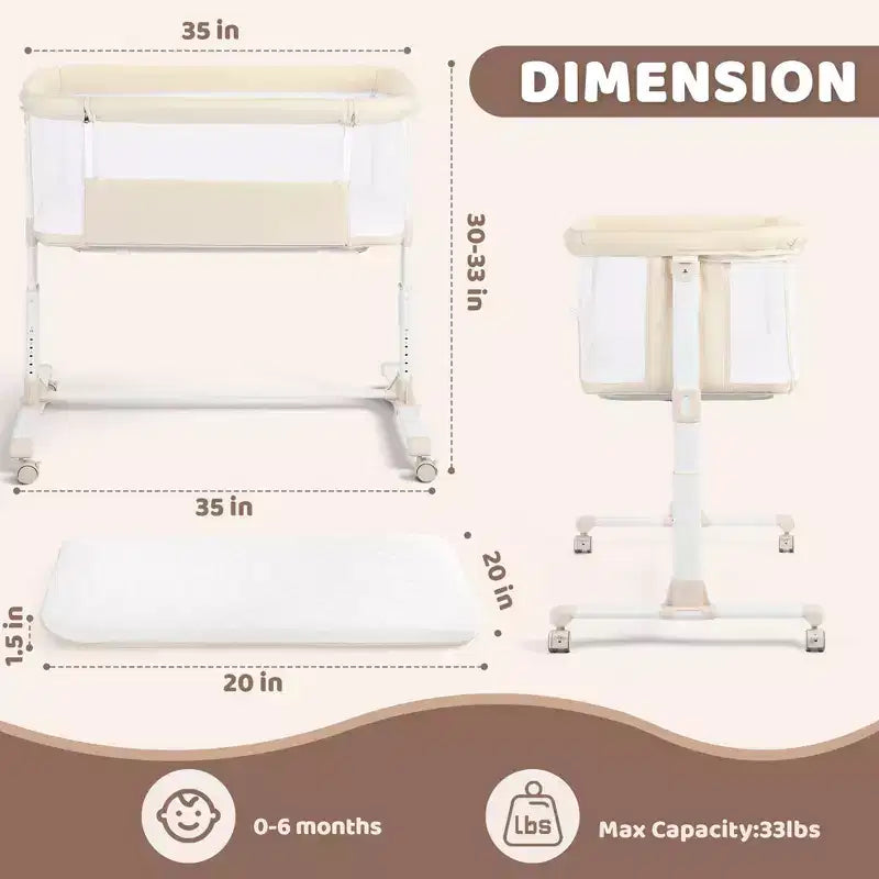 Baby-Beistellbett mit Rollen – Beige / Grau / Rosa, Bettschläfer, für 1 Baby