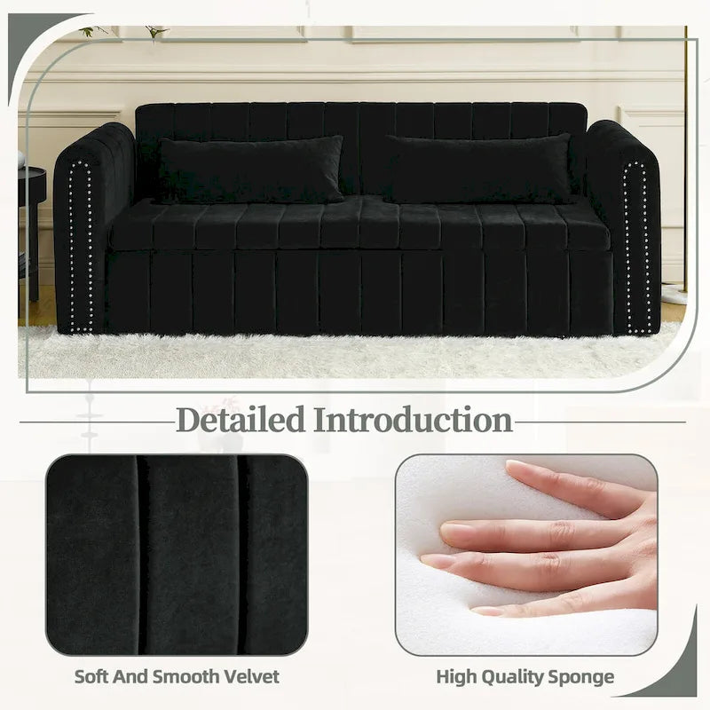 Modernes Schlafsofa aus Samt mit Rollarmen, verziert mit Kupfernägeln