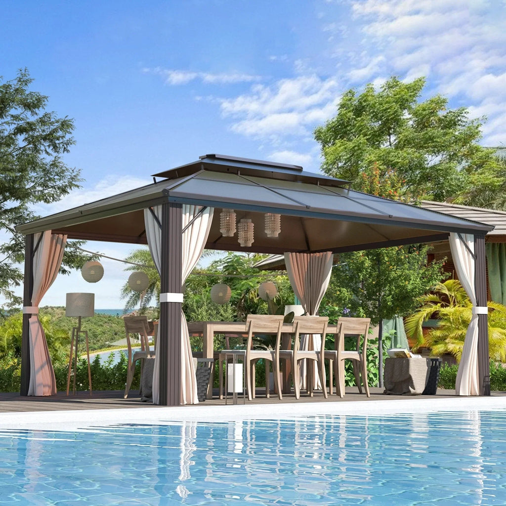 EROMMY Hardtop-Pavillon, Outdoor-Pergola mit Doppeldach & Netzen & Vorhängen, Hochleistungs-Canopy für Terrasse, Garten, Poolparty
