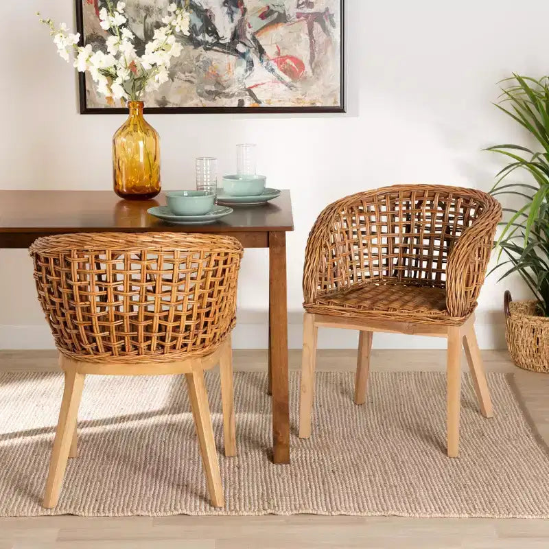 bali & pari Mario Modernes, böhmisches Esszimmerstuhl-Set, 2-teilig, aus Natur-Teakholz und Rattan