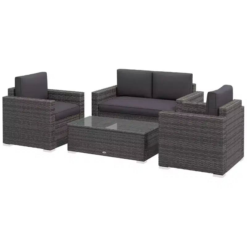 4-teiliges Rattan-Sofa-Set, Korbsessel-Set mit Zweisitzer, Couchtisch mit Glasplatte für Garten und Außenbereich