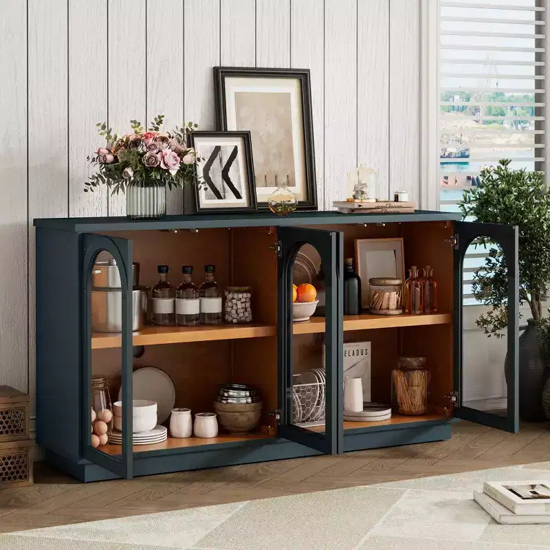 Großes 4-türiges Sideboard mit Glastüren, gewölbtes Sideboard mit verstellbaren Einlegeböden für die Küche