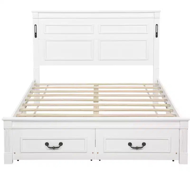ModernLuxe Bettrahmen für Queensize-/Kingsize-Betten mit hohem Kopfteil, rustikales Holzbettgestell mit 2 Schubladen, LED-Beleuchtung und USB-Anschlüssen