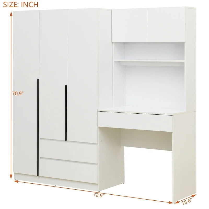 3-in-1 Kleiderschrank mit Schminktisch, Schreibtisch-Set, Schlafzimmer-Schrank mit 2 Schubladen, 3-türiger Aufbewahrungsschrank mit Schreibtisch