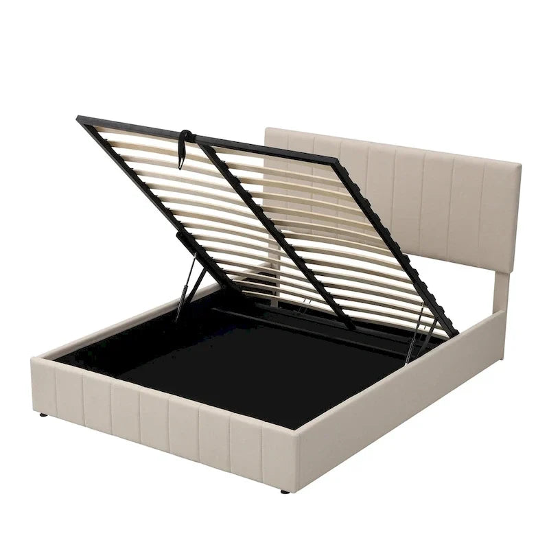 Queen-Size-Polster-Plattformbett mit hydraulischem Aufbewahrungssystem – Beige