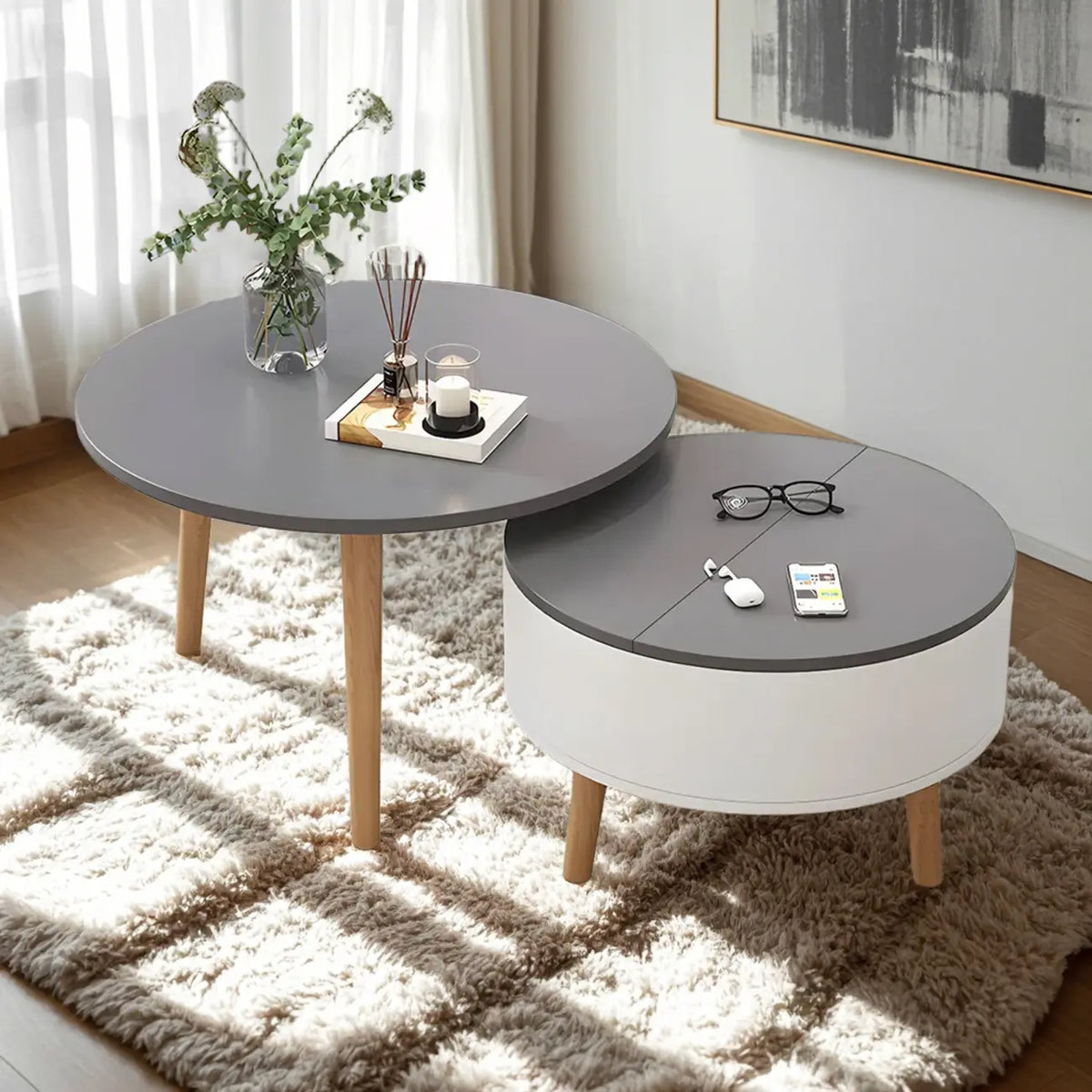 Schwarz Weiß Moderner Runder Couchtisch aus Holz mit Stauraum