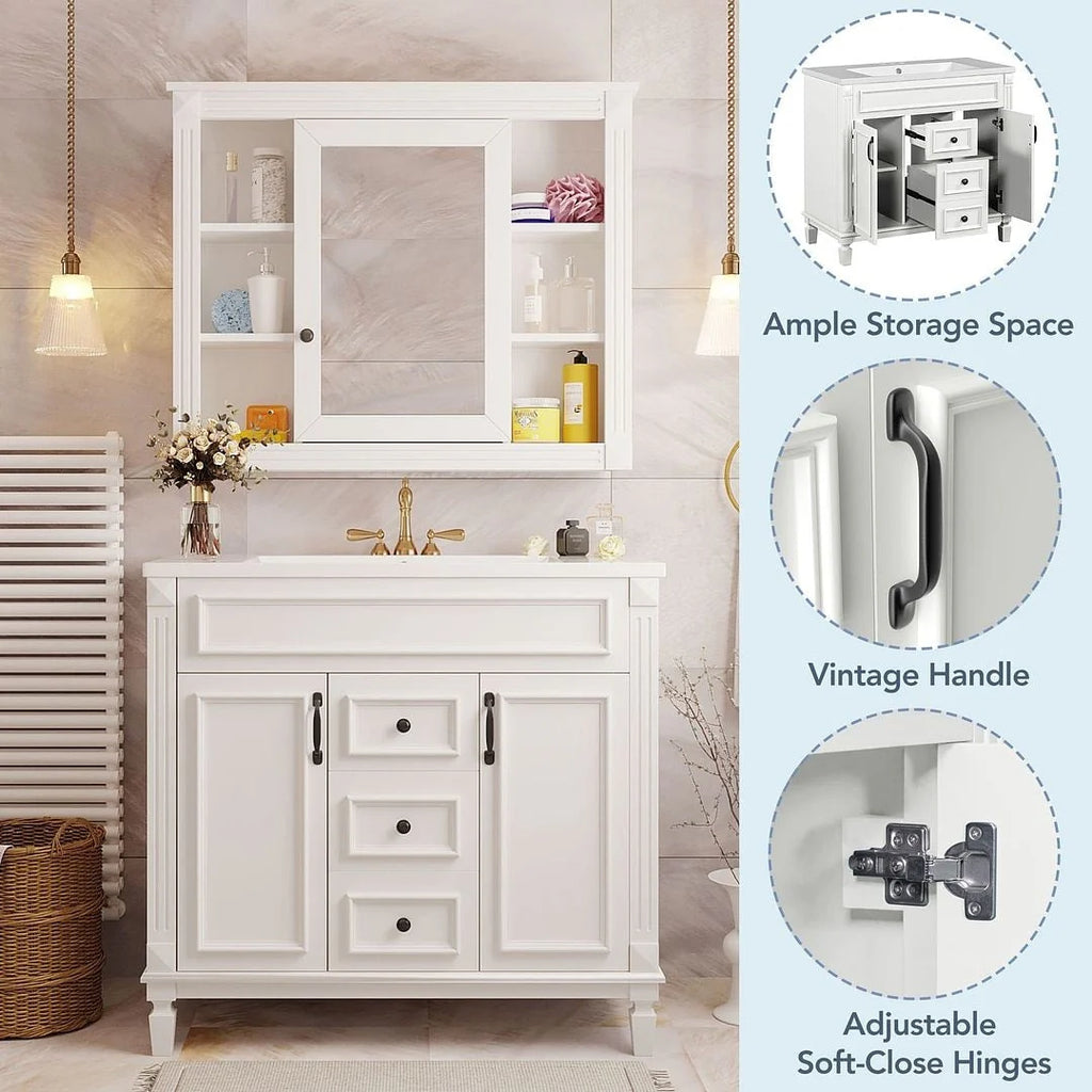 Moderner 36'' Badschrank mit Aufsatzwaschbecken und Spiegelschrank, 2 Türen und 2 Schubladen