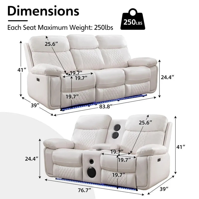 Elektrisches Liegesofa mit kabelloser Ladestation, Leselampe, LED-Beleuchtung für Wohnzimmer, Kunstleder, AC-/USB-Anschluss, Getränkehalter, Schwarz
