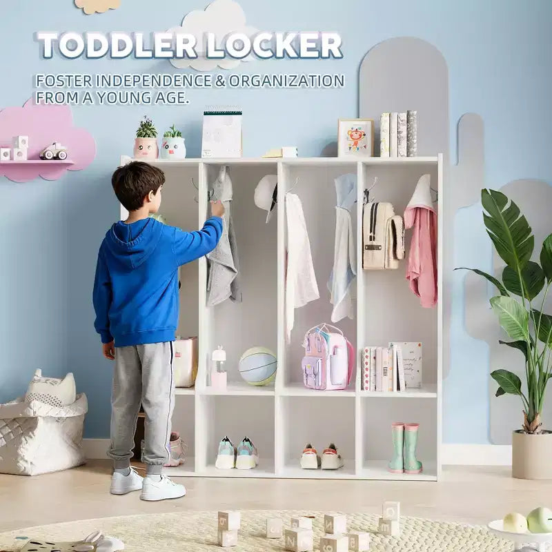 Braun/Weißes Garderobenfach mit 4 Abschnitten und 8 Haken, für Kinder