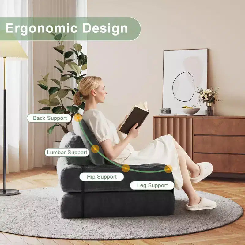 Klappbares Cord-Schlafsofa Futon, wandelbarer Bodenschlafsessel mit Kissen & Rückenlehne
