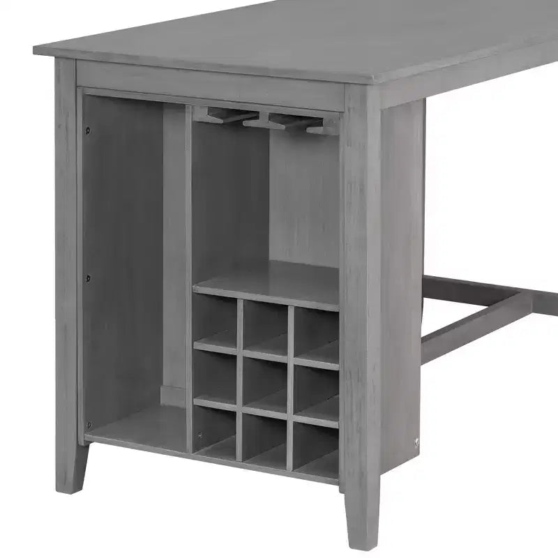 Landhaus Esstischgruppe, 5-teilig, Tresenhöhe, mit 4 Stühlen, rechteckiger Holztisch mit Ablagefächern und Barfach/Weinregal