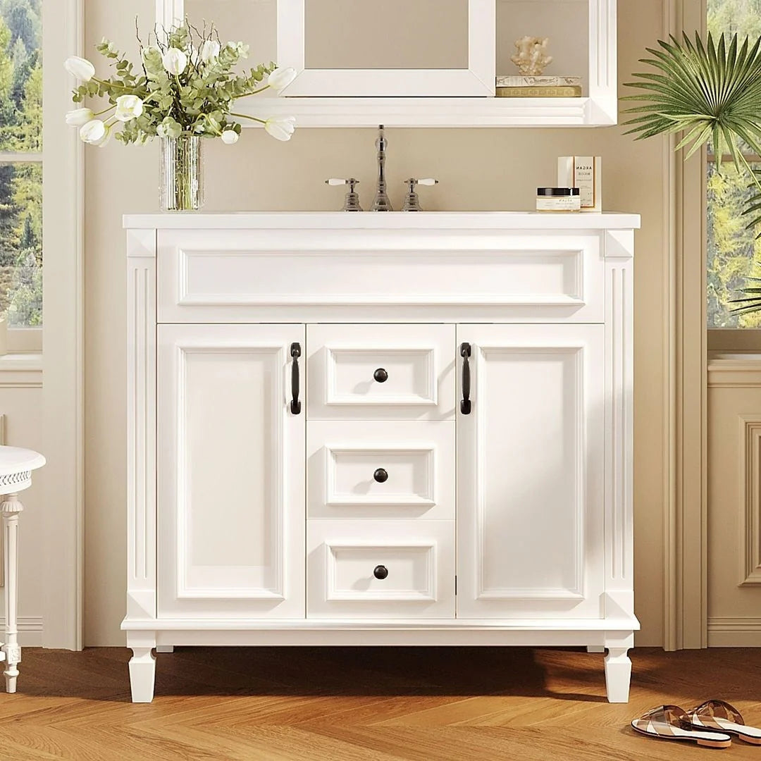 Moderner 36'' Badschrank mit Aufsatzwaschbecken und Spiegelschrank, 2 Türen und 2 Schubladen