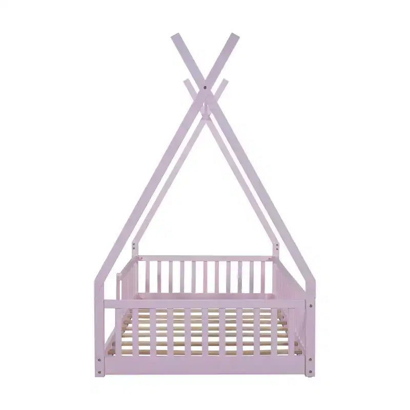Bodenbett für Kinder, Zeltbetten in Doppelbettgröße, Montessori-Bodenbett mit Lattenrost und Zaungeländer, Holz-Hausbettgestell für Jungen und Mädchen