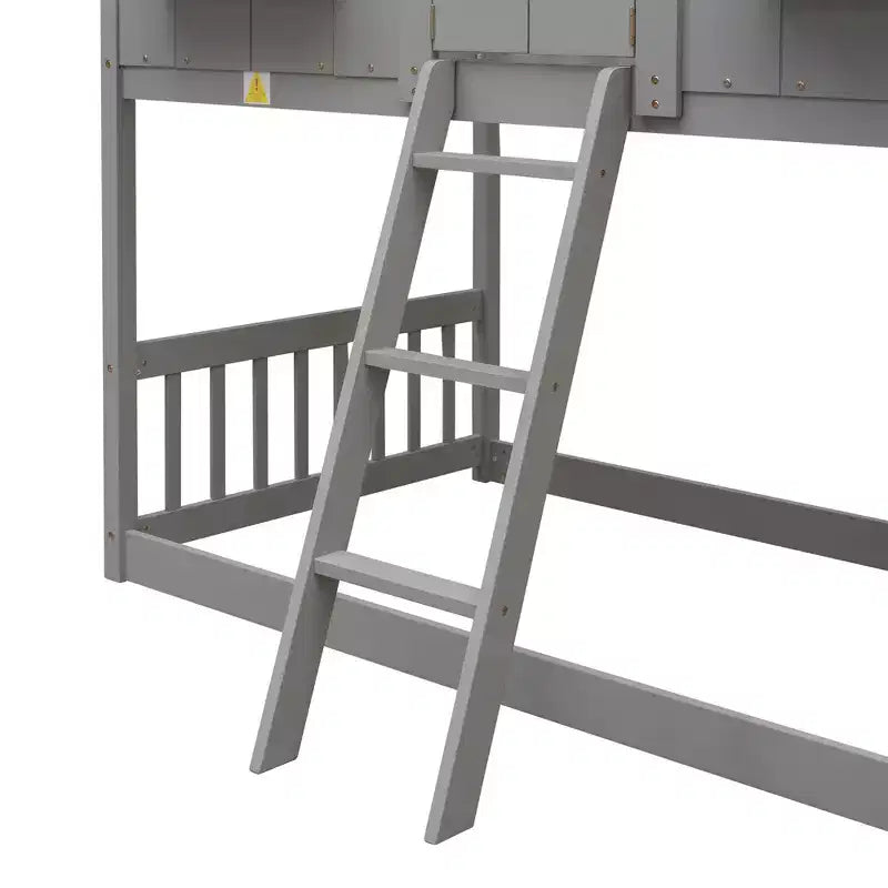 Doppel-Loftbett in Hausform, Holzspielhaus-Loftbett mit Leiter und Schutzgittern für Kinder