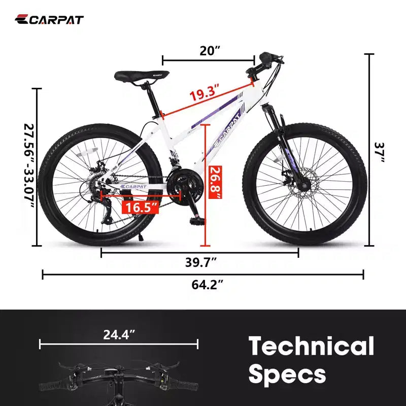 Okak 24/26 Zoll Mountainbike mit 21 Gängen und doppelten Scheibenbremsen, Kinderfahrrad mit 100mm Federgabel, Dirt Bike für Teenager und Frauen