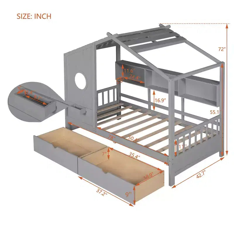 Hausbett aus Holz in Twin-/Full-Size mit 2 Schubladen, Kinderbett mit Ablageregal - ModernLuxe