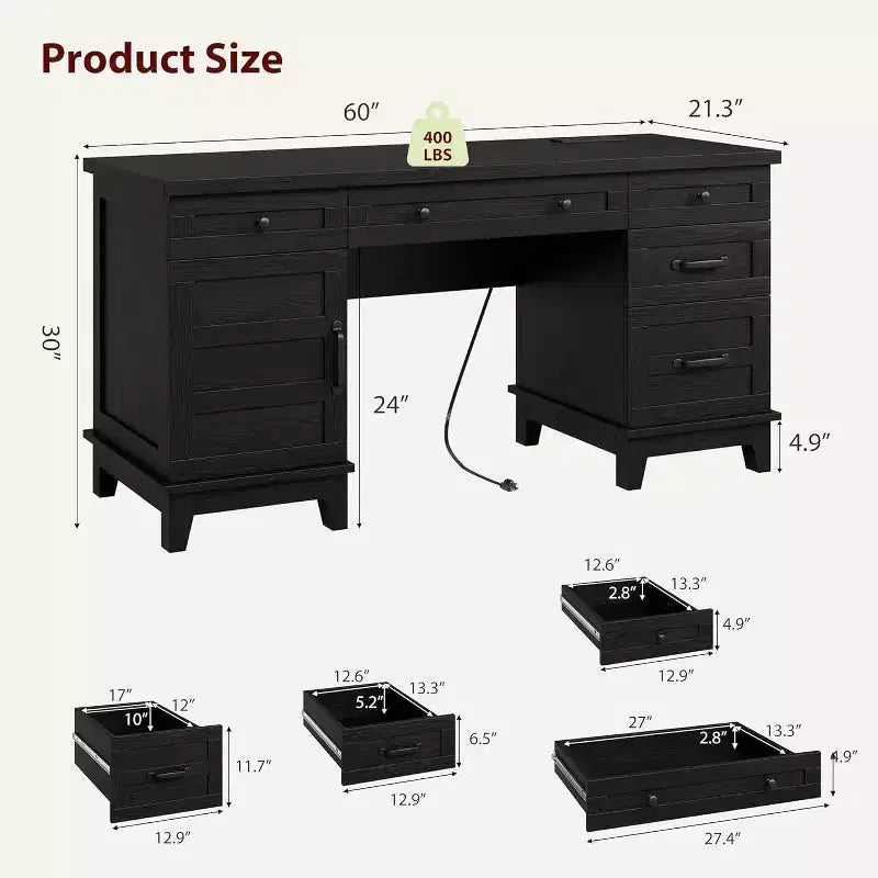 60 Executive Schreibtisch mit Schubladen, Home Office Schreibtisch mit Ladestation, Computer-Schreibtisch aus Holz für Arbeitszimmer, Konferenztisch für Wohnzimmer