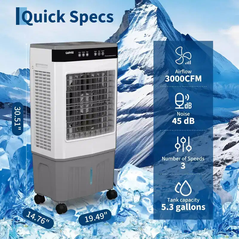 Luftkühler Verdunstungskühler mit Wassertank, 4 Kühlakkus, 3 Geschwindigkeiten, 120° Oszillation, Fernbedienung und 12-Stunden-Timer, 150W tragbarer Standklimaanlage