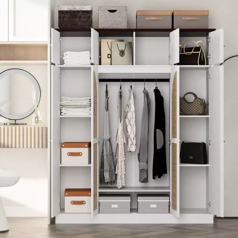 70.87Tall 8-türiger Kleiderschrank mit großer Kapazität, Kleiderstange, verstellbaren Regalböden und Rattantüren
