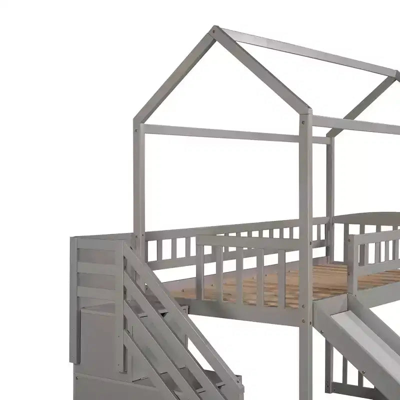 Doppelhaus-Hochbett mit Rutsche und Treppe, Hochbett mit Aufbewahrungsschubladen, Holzhaus-Hochbett für Kinder und Kleinkinder