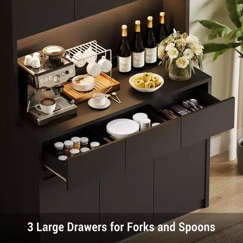 71 Zoll Küchenschrank, Aufbewahrungsschrank mit LED-Beleuchtung und Steckdosen, Buffet-Schrank mit Mikrowellenständer, verstellbare Regalböden