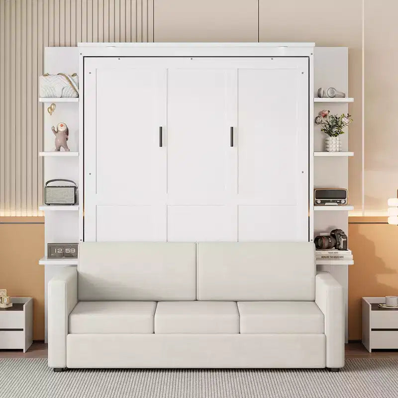 Whisen Modern Design Queen-Size Schrankbett mit Holzrahmen, Sofa und Regalen