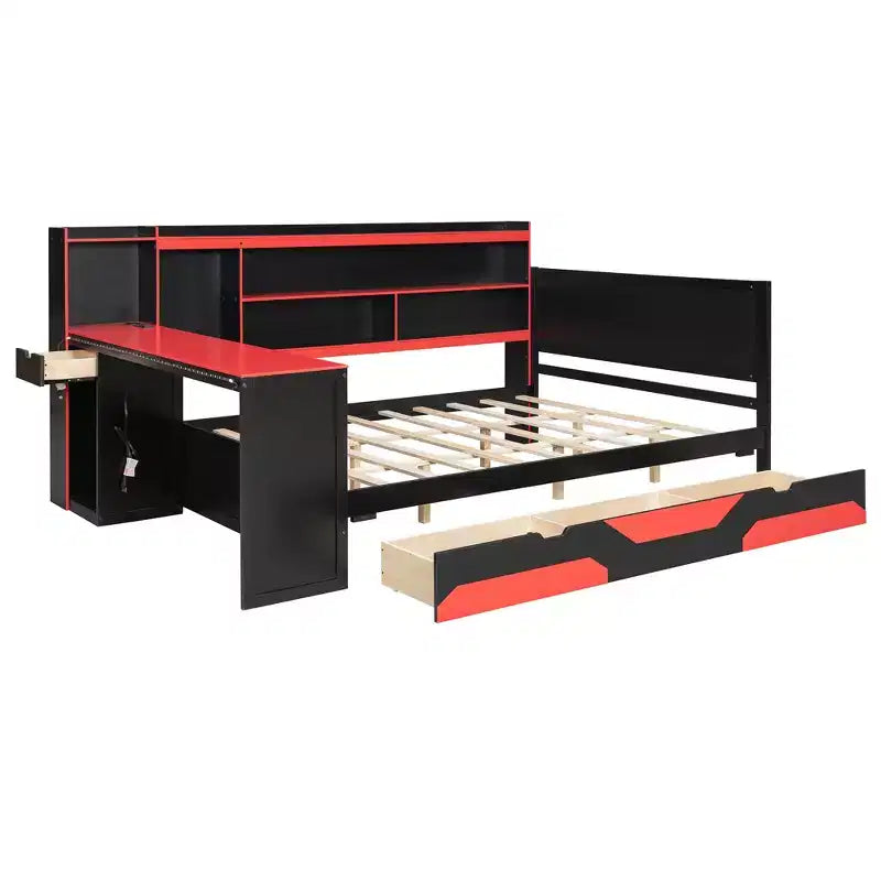 Gaming-Tagesbett (Queen-Size/Full-Size) mit Kopfteilregal, LED-Beleuchtung, integriertem Schreibtisch, Schubladen und Ladestation