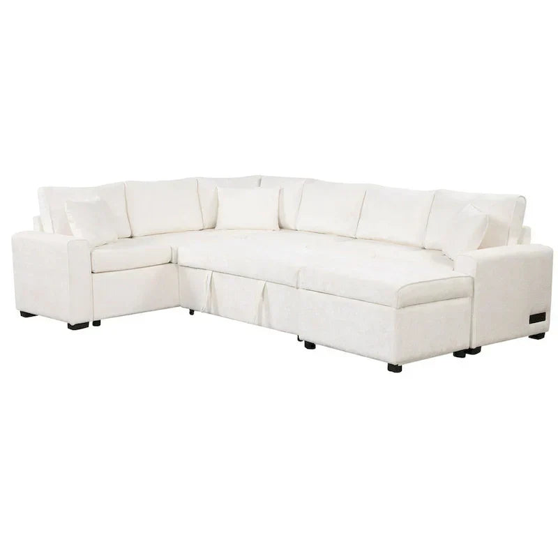 Chenille Ecksofa mit Ausziehfunktion, L-förmiges Schlafsofa mit Stauraum-Ottomane, 3 Kissen und Ladevorrichtungen