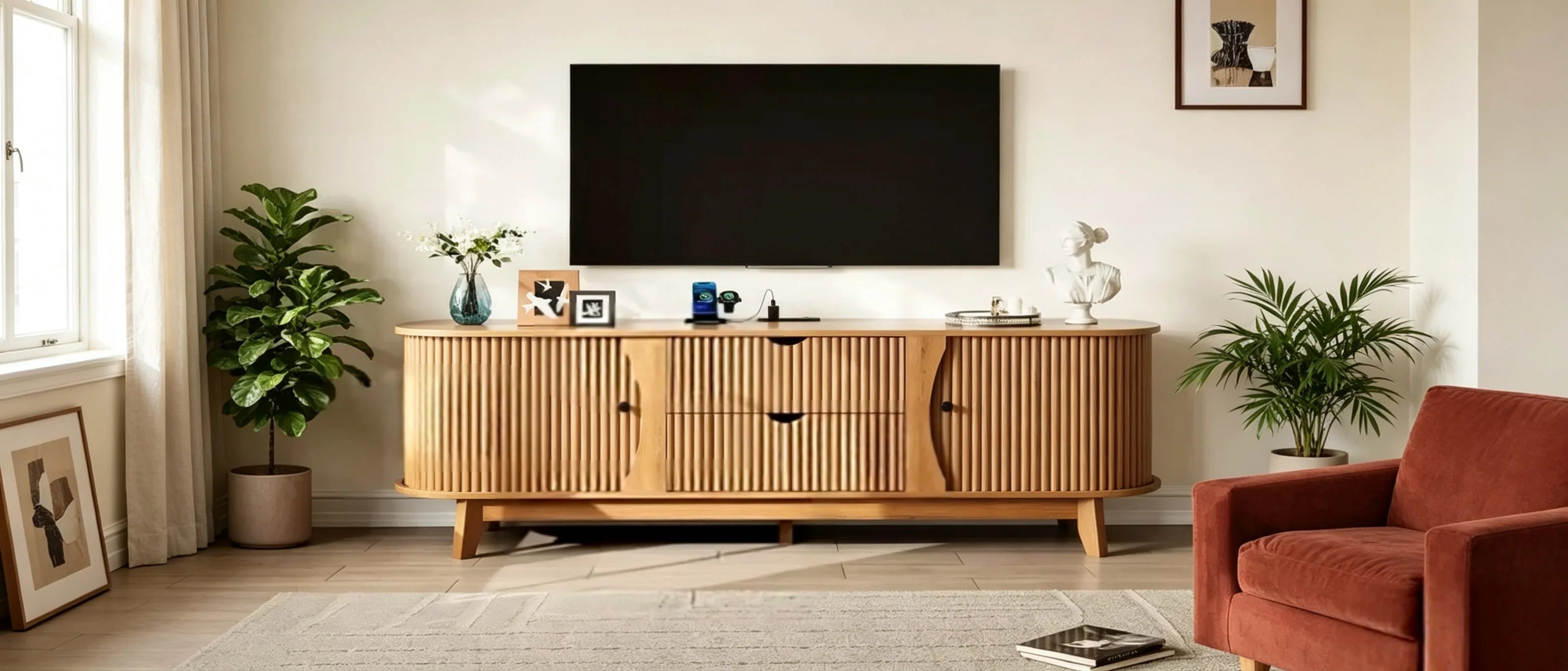 Schwarz/Braun Mid-Century TV-Schrank mit 2 Schubladen, für 1 Zimmer