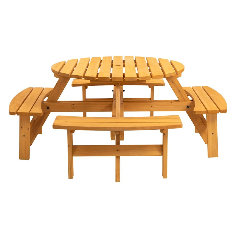 8-Personen Outdoor-Picknick-Esstisch-Garnitur aus Tannenholz, rund, mit 4 integrierten Bänken und Sonnenschirmloch