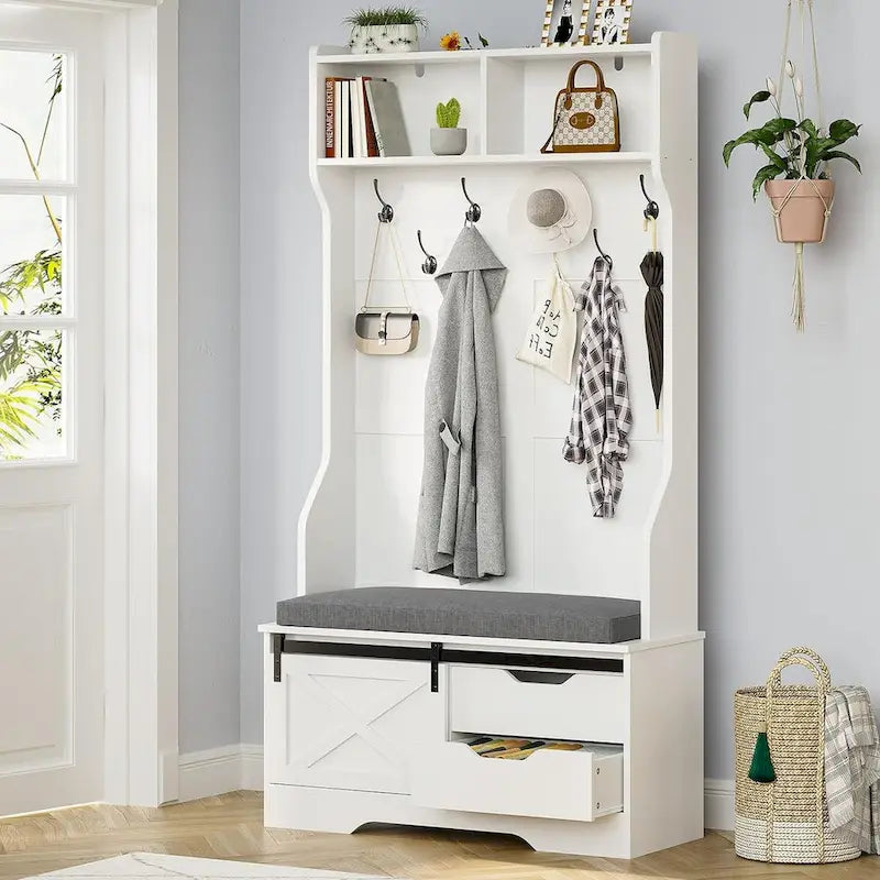 Garderobenständer mit Sitzbank und Schuhaufbewahrung, Garderobe mit Scheunentor