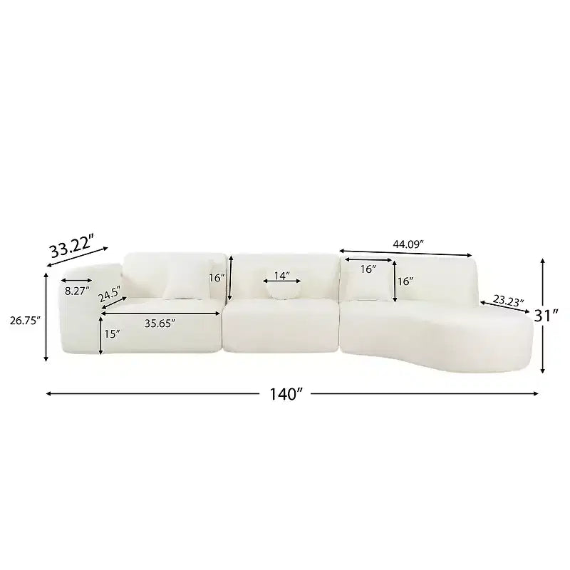 140-Zoll Modernes geschwungenes Ecksofa mit Récamiere, 3-teiliges Set, für Wohnzimmer