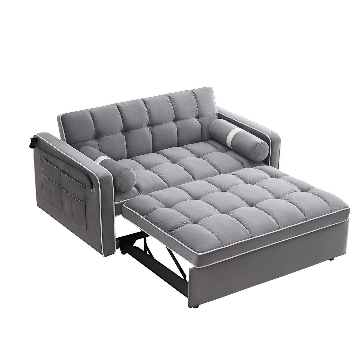 Samt-Schlafsofa zum Umbauen, 140 cm, 2-Sitzer, mit Ausziehbett, verstellbarer Rückenlehne, Seitentaschen und Handyhalterung